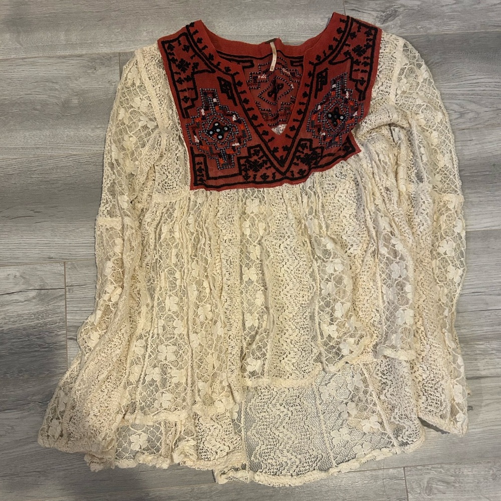 Free People Embroidered Lace Top - Cream and Burnt Orange